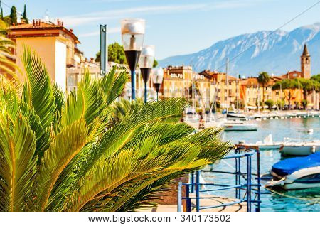 Garda Lake Western Shore, Lombardy Italy. View On Medieval Toscolano Maderno Cityscape Through Palm 