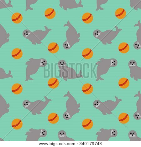 Seamless Pattern With Cute Fur Seal And Ball. Vector Illustration.