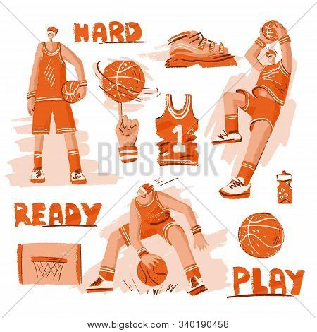 Vector Sketch Textured Set Of Basketball - Basketball Players, Basket, Ball, Sneakers. Vector Sport 