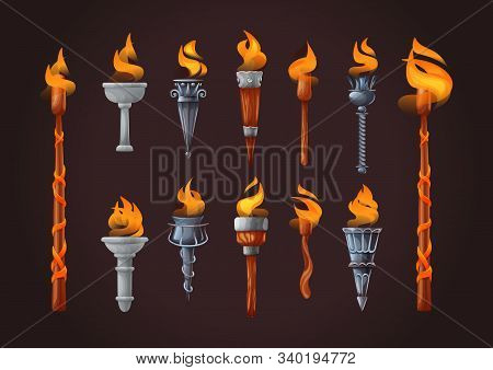 Medieval Realistic Torch With Burning Fire Set.