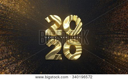 Happy New Year 2020. Holiday Nye Event Sign. Vector 3d Illustration. Golden Characters 2020 With Wav