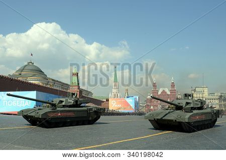 Moscow, Russia - May 7, 2019: Russian T-14 Armata Battle Tank On A Heavy Tracked Platform At The Dre