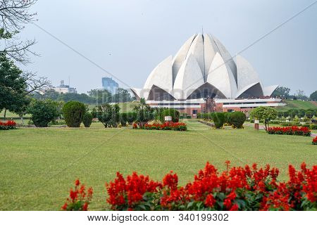New Delhi, India - December 14, 2019:   Lotus Temple, A Bahai House Of Worship, Built In 1986 And Op