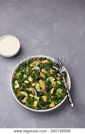 Kale Gabage Salad With Baked Potatoes, Cucumber, Red Onions And Mustard Yogurt Sauce On Gray Texture