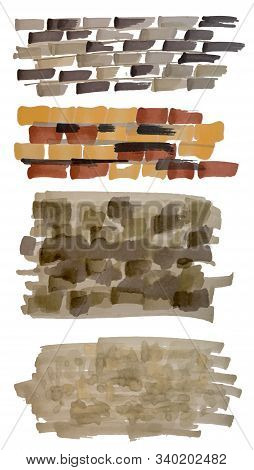 Set Of Hand Drawn Stone And Brick Wall Marker Sketch Textures Isolated On White.