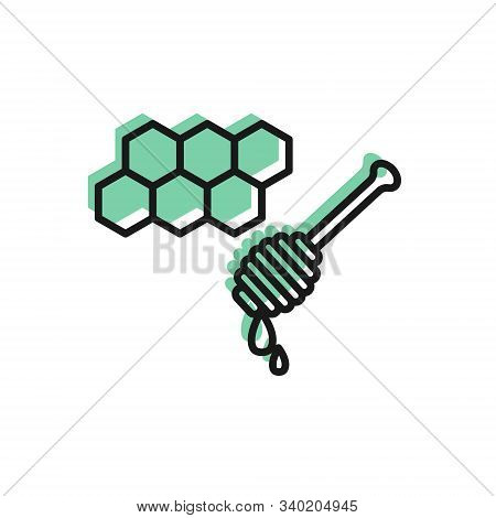 Black Line Honeycomb With Honey Dipper Stickicon Isolated On White Background. Honey Ladle. Honey Ce