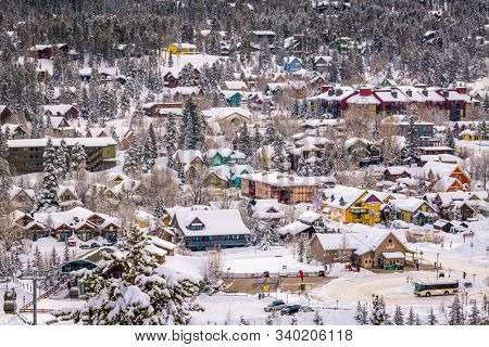 Breckenridge, Colorado, USA town skyline in winter at dawn. 