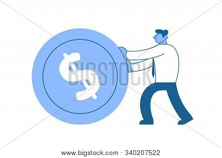 Businessman In White Shirt Pushing Big Dollar Coin Forward. Achieving Goals. Race For Success. Sisyp