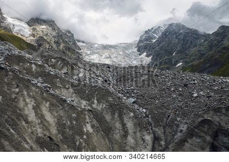 Huge Lardaad Glacier Icefall View From Bottom Mountains Of Svaneti Georgia