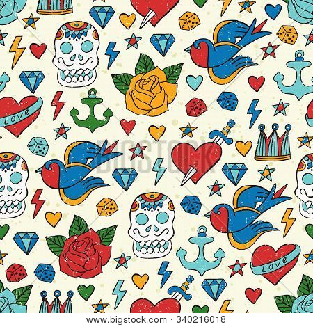 Tattoo Seamless Pattern. Hand Drawn Vector Illustration.