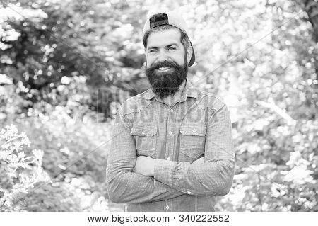 Feel Happiness. Guy In Forest. Summer Camping. Happy Bearded Man. Mature Hipster With Beard. Male Fa