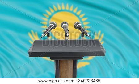 3d Illustration. Podium Lectern With Microphones And Kazakh Flag In Background