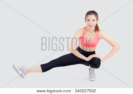Beautiful Portrait Young Asian Woman Fitness With Stretching Leg Isolated On White Background, Asia