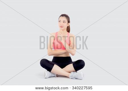 Beautiful Portrait Young Asian Woman In Sport With Satisfied And Confident Thinking Idea Isolated On