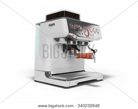 3d Rendering Metal Home Coffee Machine With Water Tank On White Background With Shadow