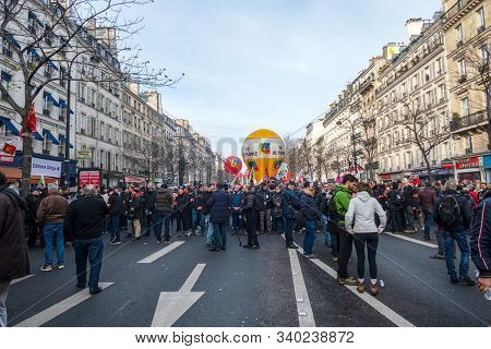 Paris, France - December 17 2019 : Protest Of The Unions Against The Retirement Pension Reform Of Th