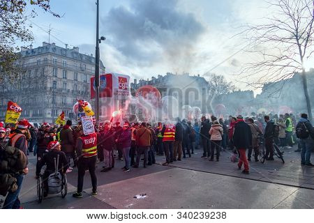 Paris, France - December 17 2019 : Protest Of The Unions Against The Retirement Pension Reform Of Th
