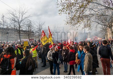 Paris, France - December 17 2019 : Protest Of The Unions Against The Retirement Pension Reform Of Th