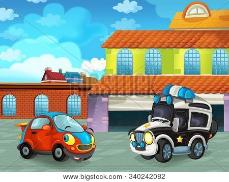 Cartoon Scene With Car Vehicle On The Road Near The Garage Or Repair Station - Illustration For Chil