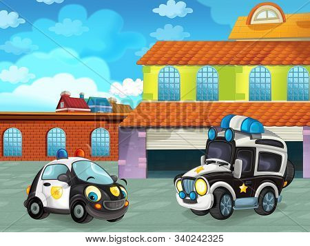 Cartoon Scene With Car Vehicle On The Road Near The Garage Or Repair Station - Illustration For Chil