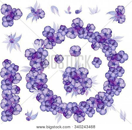 Floral Elements On White Background. Blanks For Design. Flower Frame Round, Bouquets.