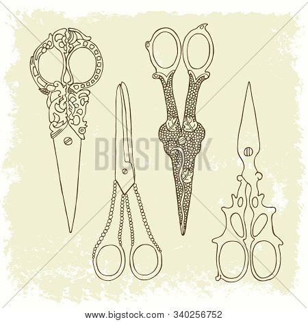 Antique Scissors Set. Hand Drawn Tools Collection. Vector Illustration.