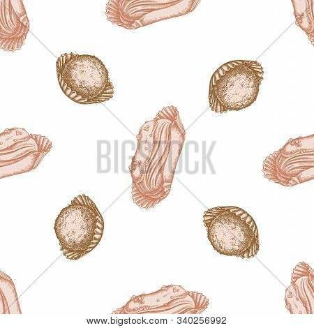 Seamless Pattern With Hand Drawn Pastel Eclair, Truffle Stock Illustration