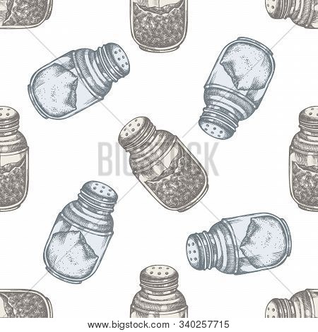 Seamless Pattern With Hand Drawn Pastel Pepper Shaker, Salt Shaker Stock Illustration