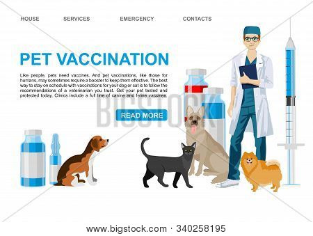 Pet Vaccination Landing Page. Veterinary Services - Vaccination. Pet Care Vector Banner Template. Ve
