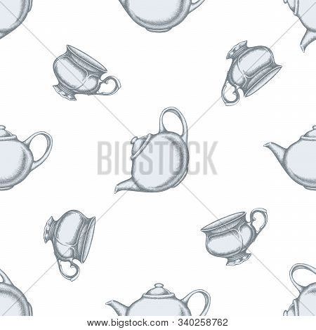 Seamless Pattern With Hand Drawn Pastel Teapots, Cups Stock Illustration