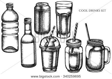 Vector Set Of Hand Drawn Black And White Glass, Plastic Bottle, Bottle Of Lemonade, Smoothie Cup, Al