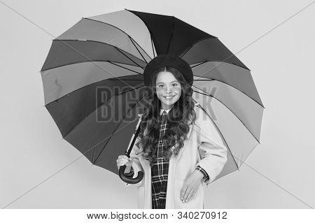 She Wont Get Wet On September 1. Cute Schoolgirl In Autumn Style Hold Umbrella On September 1. Small