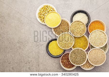 Healthy Food Vegetarian (vegan) Concept. Assorted Various Organic Cereals, Legumes, Whole Grains.