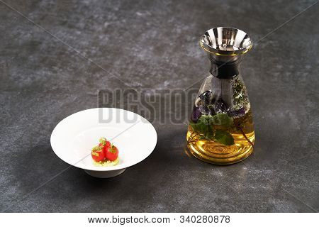 Fresh Peeled Chili Tomatoes And Minced Cucumbers On Dark Background