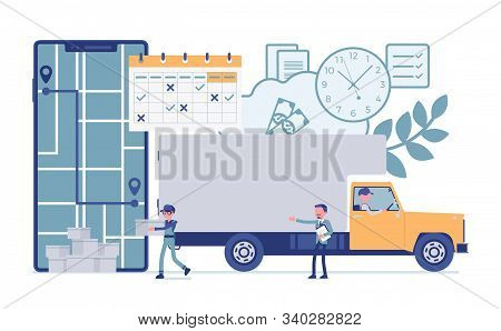 Order Tracking System, Smartphone Screen. Large Track Journey Shipping Tracker To Customer, Warehous