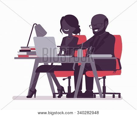 Man Coaching And Mentoring A Young Female Employee. Office Positive Work Environment, Support And En