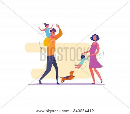 Smiling Father, Mother, Children And Puppy Having Fun. Happy Family Playing Together With Dog Flat V