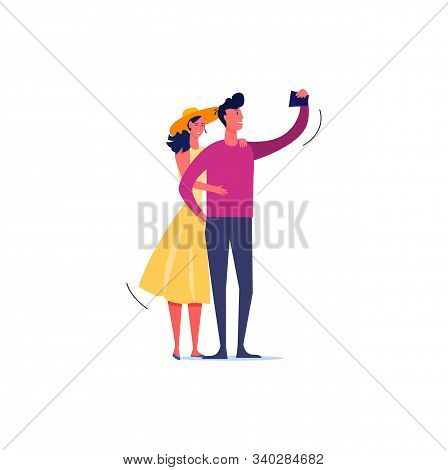 Young Cute Cheerful Couple In Love Taking Selfie. Self Portrait Flat Vector Illustration. Selfie Con