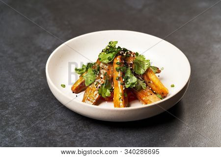 Crispy Eggplant With Tomatoes And Sweet Chili Sauce, Close-up