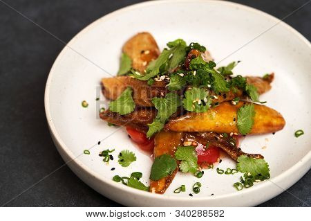 Crispy Eggplant With Tomatoes And Sweet Chili Sauce, Close-up