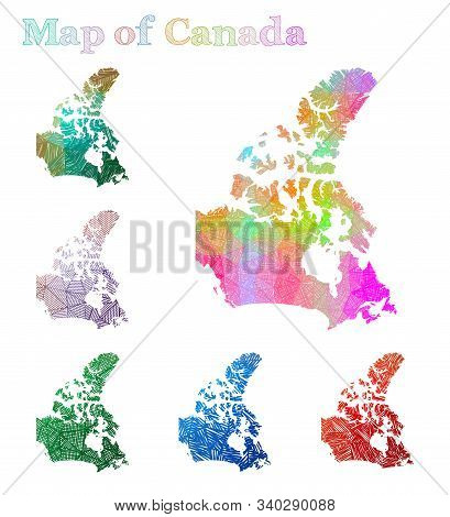 Hand-drawn Map Of Canada. Colorful Country Shape. Sketchy Canada Maps Collection. Vector Illustratio