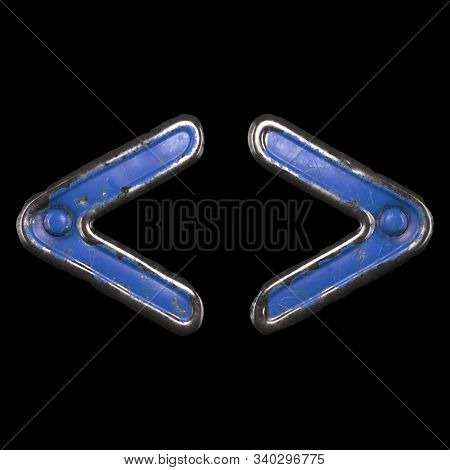 Symbol left and right angle bracket made of painted metal with blue rivets on black background. 3d rendering