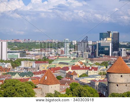 Tallinn, Estonia- August 20, 2019: Top View For Viru Street And Sokos Hotel And Old Thomas Tower. Su
