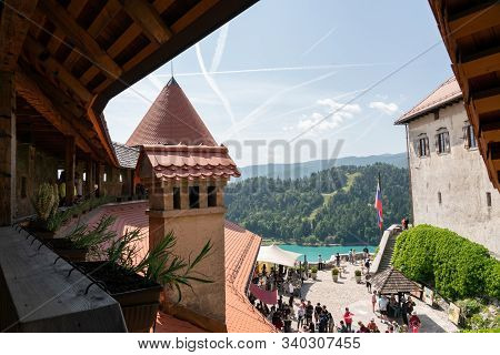 Bled, Slovenia - June 8, 2019: 
View From Inside The Castle Of Bled In Tourist Season (summer)