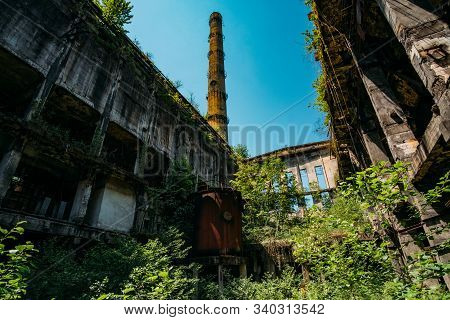 Overgrown Ruins Of Industrial Building. Abandoned, Destroyed By War Power Plant In Tkvarcheli Tquarh
