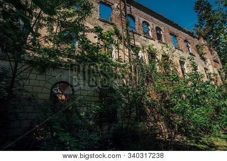 Ruined Overgrown Hospital In Ghost Mining Town Akarmara, Consequences Of War In Abkhazia, Green Post