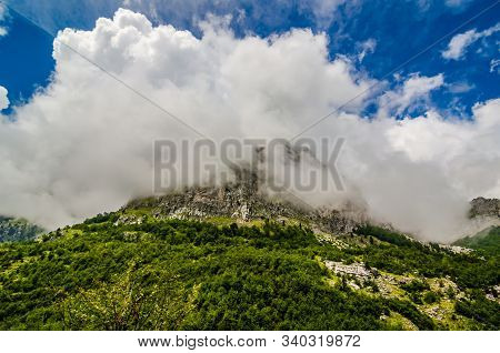 Mountain Peak In Fog In Kroni I Thores, Albania, Europe