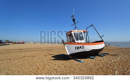 Aldeburgh, Suffolk, England - May 05, 2018: Aldeburgh Beach With Fishing Boat.