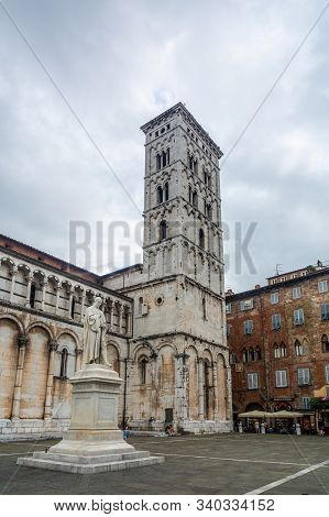 Lucca, Italy - June 6, 2019 : San Michele in Foro is a Roman Catholic basilica church, built over the ancient Roman forum. Until 1370 it was the seat of the Major Council, the commune s most important assembly. It is dedicated to Archangel Michael.