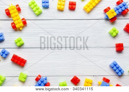 Kids Educational Developing Toys Frame On White Background. Top View. Flat Lay. Copy Space For Text